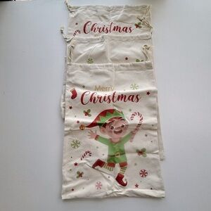 Large Christmas Holiday Gift  Bag Elf Lot Of 3 Ivory‎ Color 24 Inches Cloth.